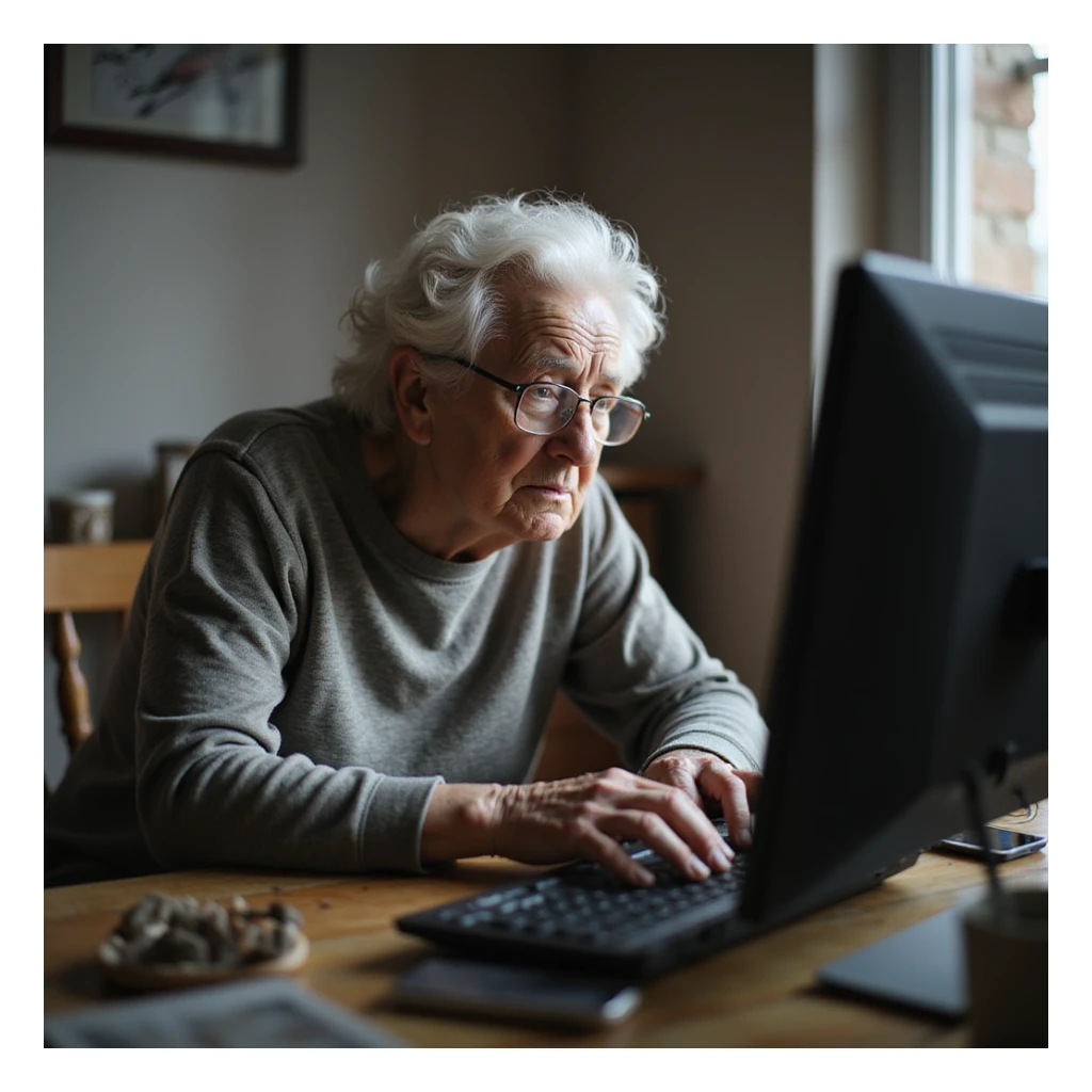 elderly person in front of a computer, trembling hands on the keyboard, expression of frustration and confusion, simple home environment, natural light, hyperrealistic 4K details sticker