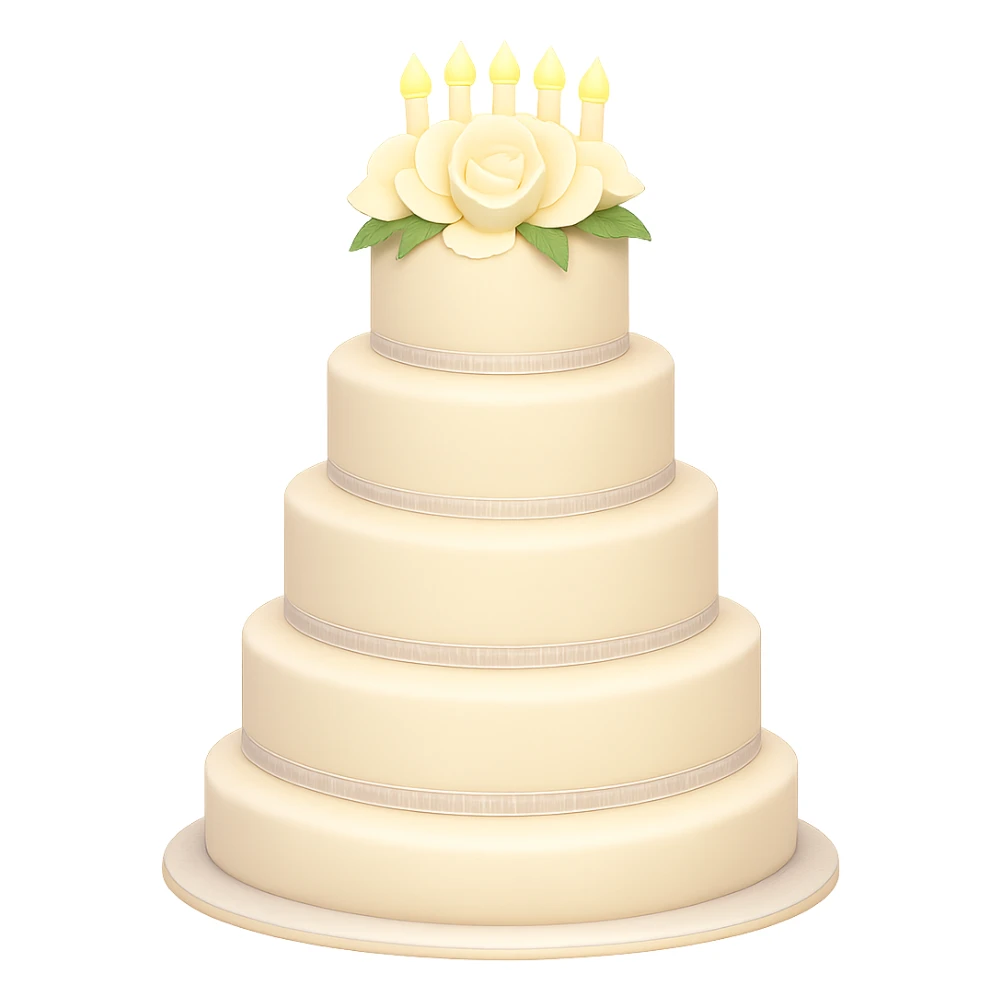 Add a soft glow effect to the white wedding cake with floral decorations. Keep the background transparent. The style is emoji style with a soft glow effect. sticker