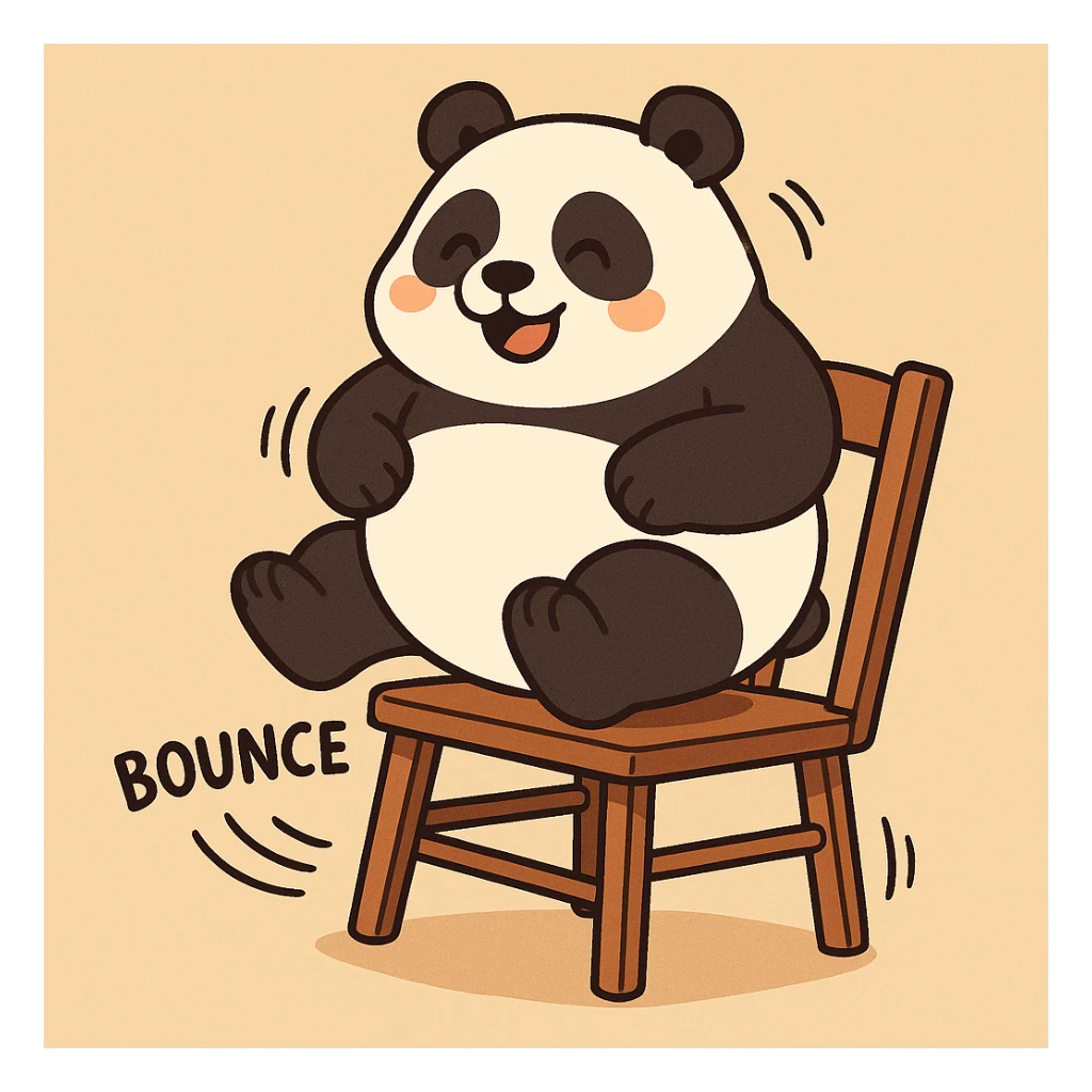 large panda bouncing on dining chair to test strength, cartoon style, simple background, fun and lighthearted sticker