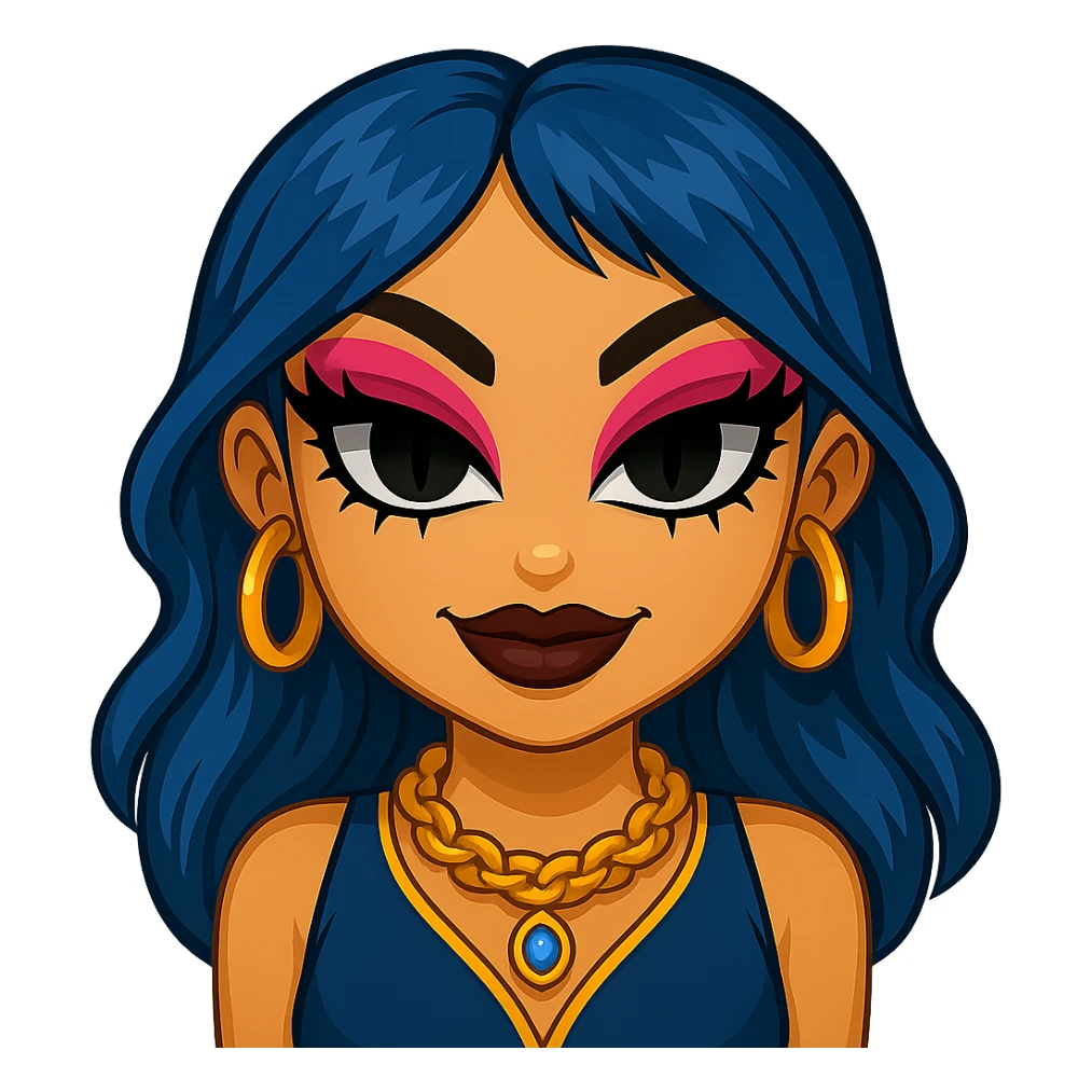 Make her eyes much scarier while keeping a nice and cute look, gyaru style, blue hair, pretty makeup, bratz baddie vibe, emoji style, with no background. sticker