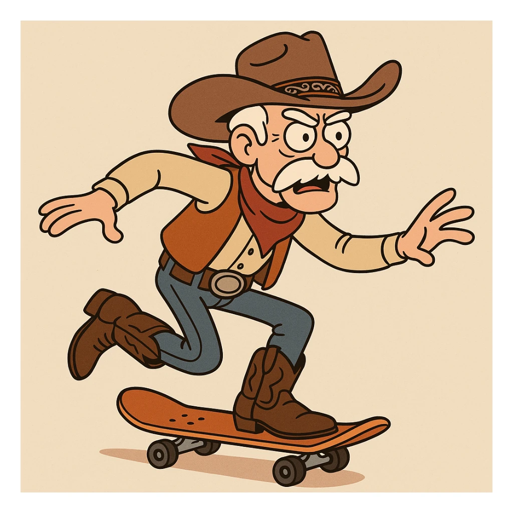 old man cowboy riding a skateboard, detailed hat, boots, western outfit, dynamic pose sticker