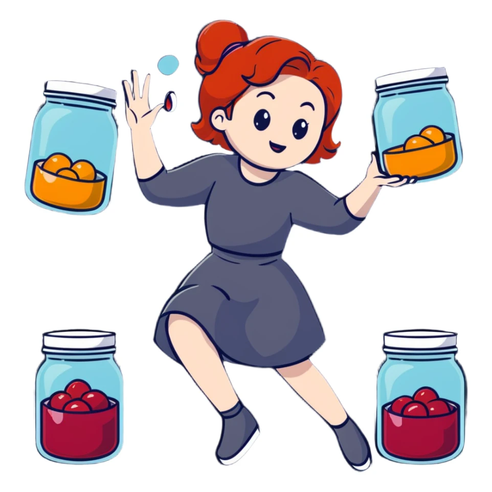 redhead woman juggling with 3 glass jars with jam sticker