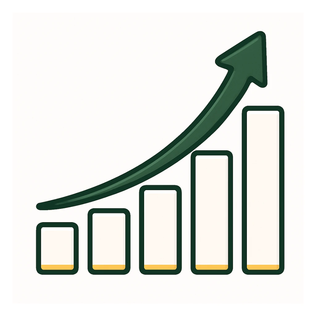 Edit the provided image to create a growth chart in iOS emoji style with a white background. The bars should be white with dark green shadows and details, and the arrow should be dark green with gold accents on both the bars and the arrow. The style should be minimalist with no faces or smileys, focusing on clean and simple design. sticker