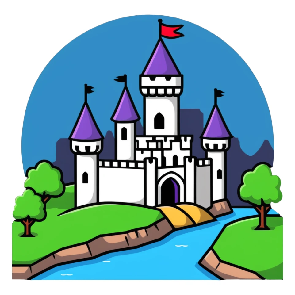 sticker style icon of Mértola with cartoon castle and river sticker