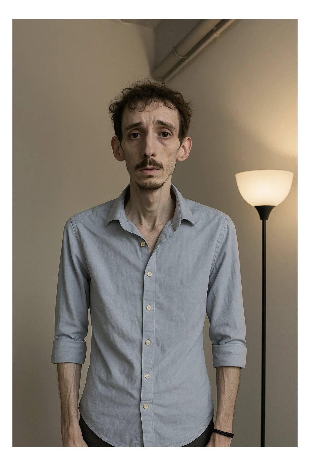 uomo che ha perso massa ed è piatto muscolarmente, lui è in piedi e si vede il fisico debilitato sticker