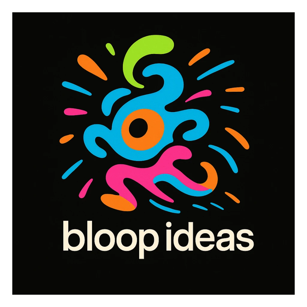 playful abstract mascot for a black website, energetic and imaginative, swirling shapes and motion lines to show thinking and movement, bright and bold color palette, creative tech portfolio, includes tagline 'bloop ideas' sticker