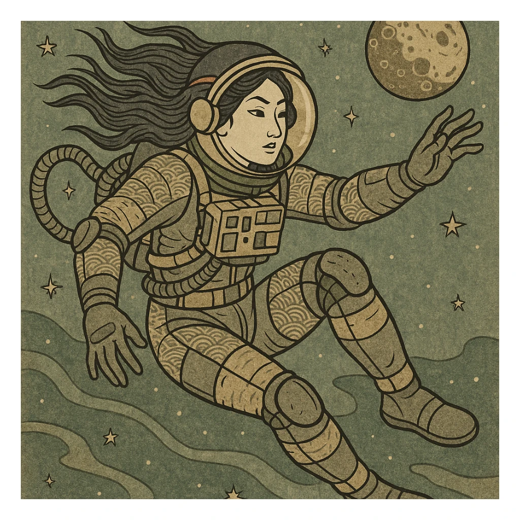 a tactical female space warrior floating in zero-g EVA operations, reaching in front of her sticker
