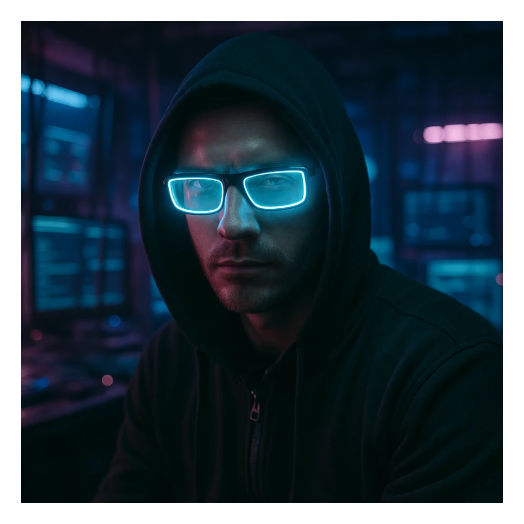 photorealistic hacker with glowing glasses in a dark tech lab, blue and purple neon, gritty atmosphere sticker