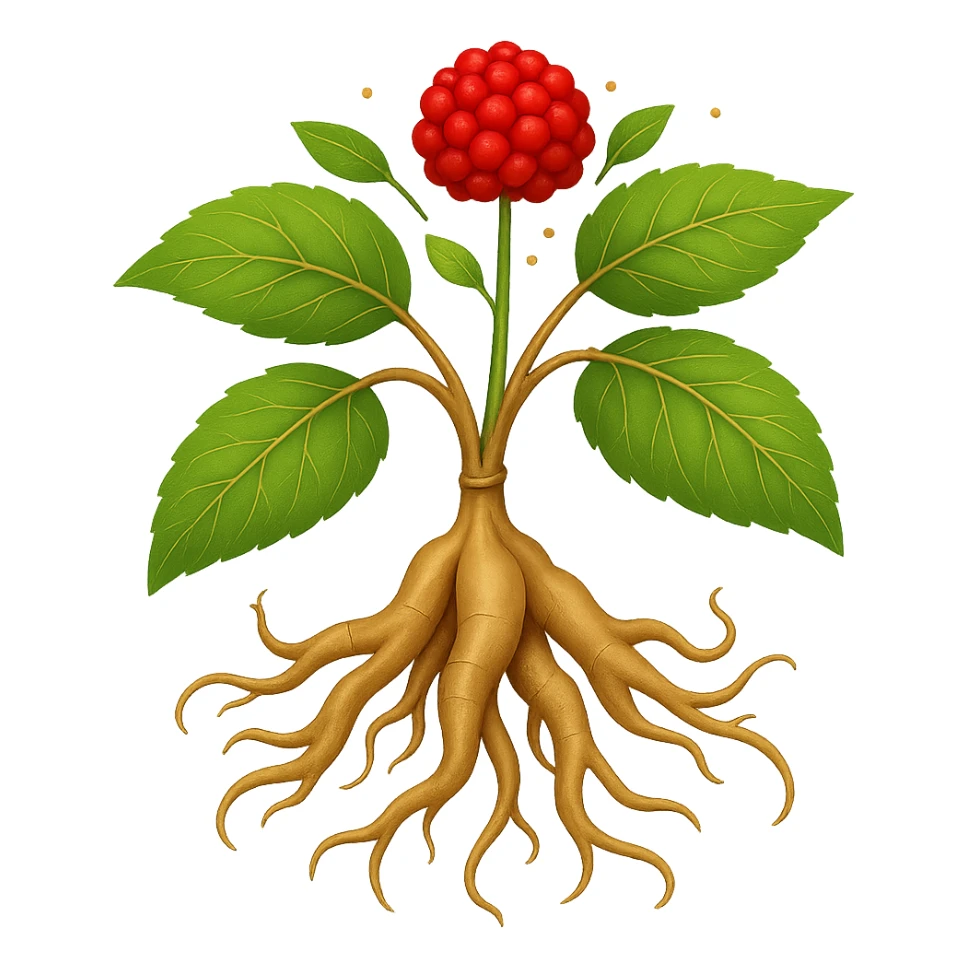 Add one fruit, a sprinkle, and two leaves to the simple wild ginseng root. Keep the background transparent. Maintain the style of the original image. sticker