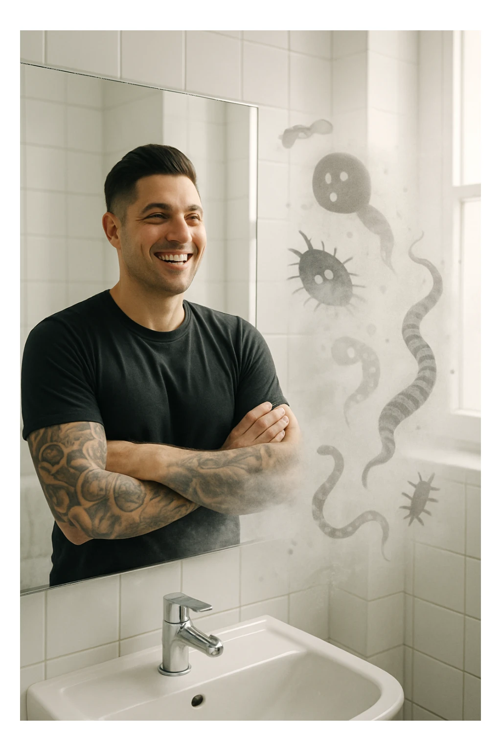 a man stands in a brightly lit bathroom, looking relieved and revitalized as he examines his reflection in the mirror. In the foreground, stylized, shadowy images of parasites (such as worms or protozoa) are shown leaving his body, dissolving into mist or fading away. His posture is upright and his expression is one of newfound energy and health. sticker