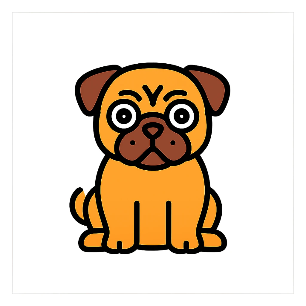 sitting pug with big eyes, color icon style, outlined in black sticker