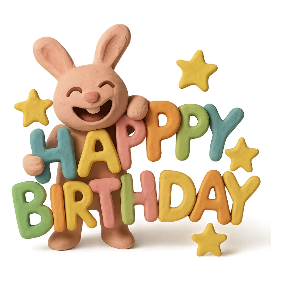 laughing bunny hugging "Happy Birthday" letters with stars, matte plasticine claymation style, visible fingerprints, pastel colors sticker