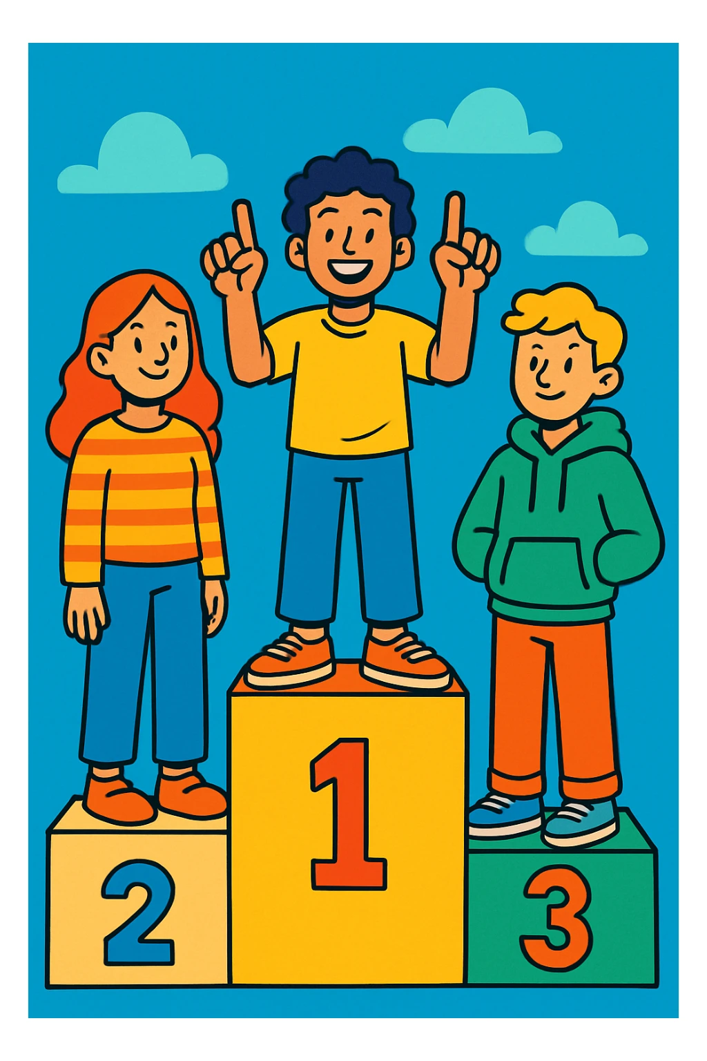 Winners’ podium with three people, numbers 2, 1, 3 left to right. All in relaxed, casual clothes. Center person on 1 step raises one finger on each hand. Cheerful, expressive, friendly style. sticker