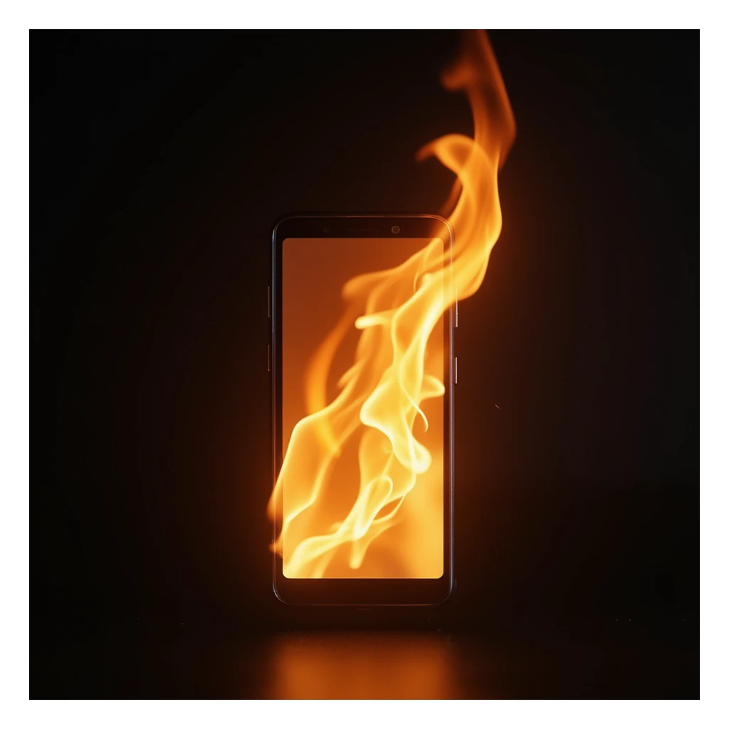 mobile phone on fire, realistic style, detailed flames, modern smartphone sticker