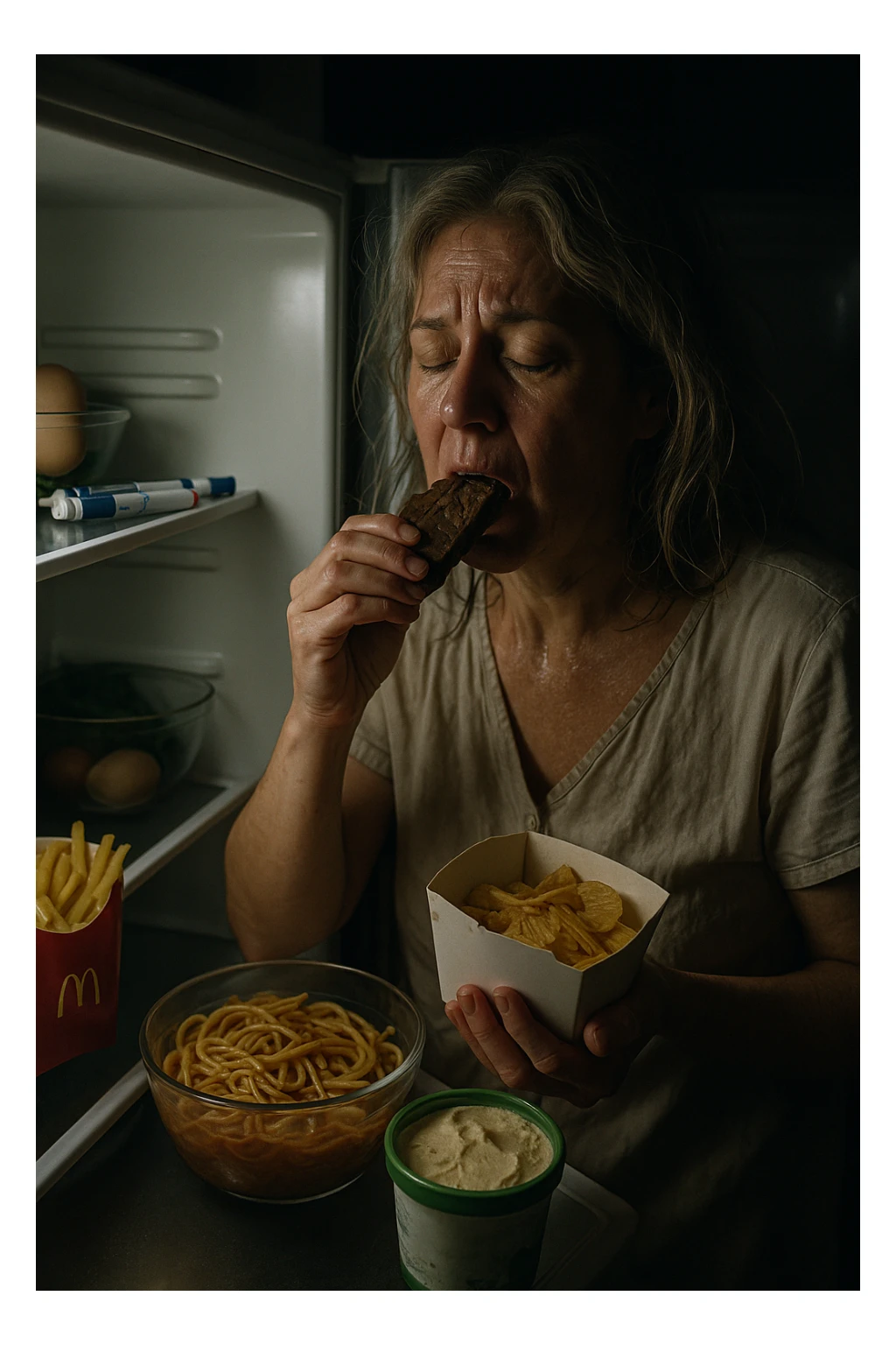 Menopausal woman binge-eating at 2AM after night sweat, fridge light illuminating insulin pens sticker