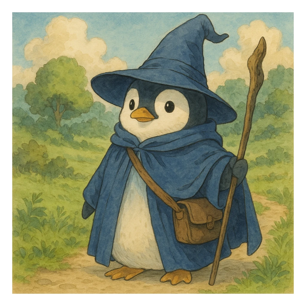 penguin wizard, detailed, whimsical, soft colors, ghibli style illustration sticker