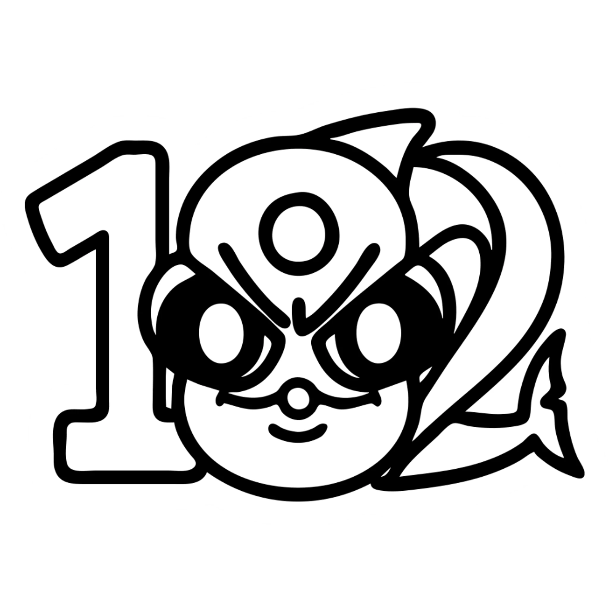 Recreate a stylized blue cartoon face emoji with large eyes, a red nose, a white circle on the forehead, and the numbers 1 and 2 integrated into the design. The emoji should be outlined in black with an icon style and transparent background. sticker