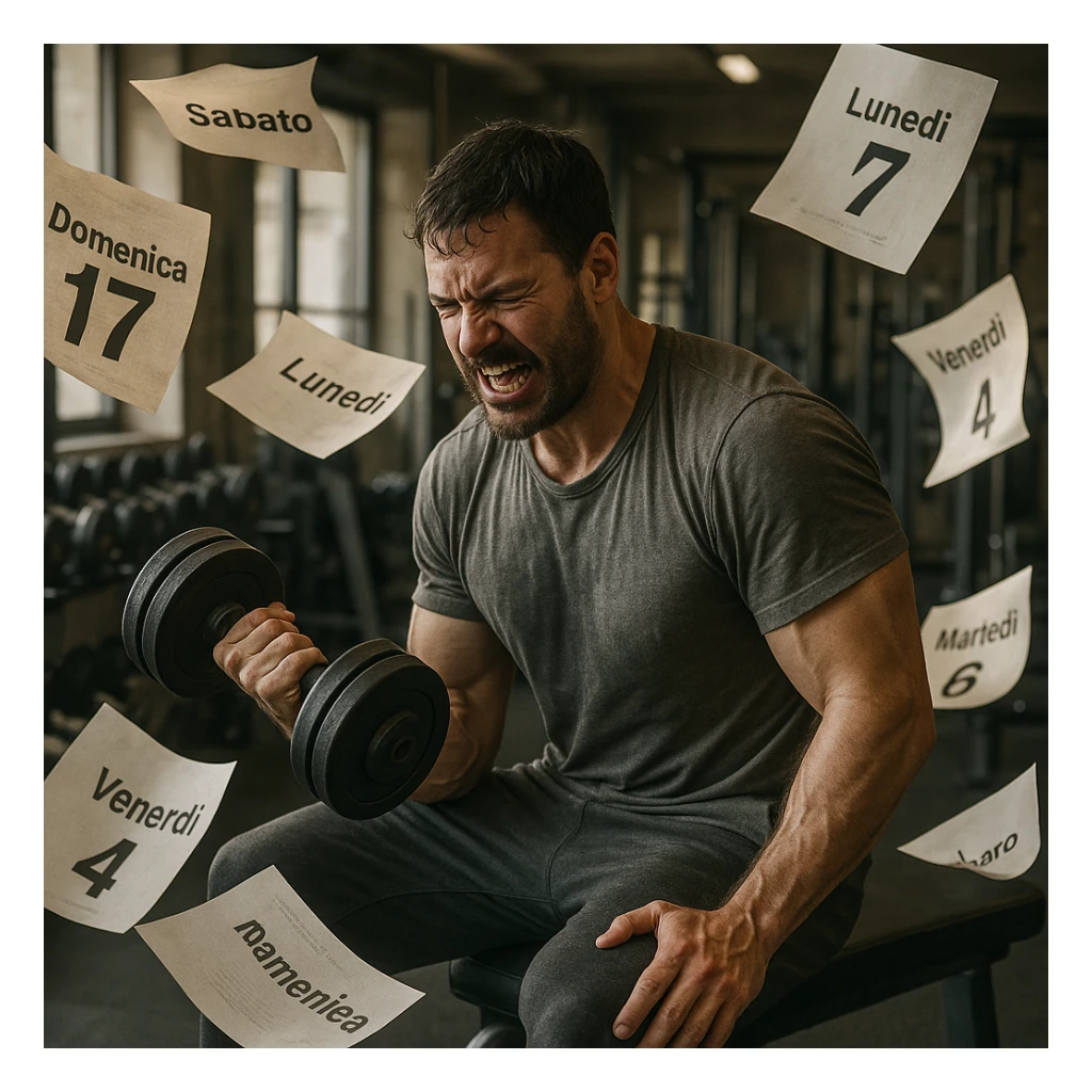 hyper realistic man doing many repetitions in gym, flying calendar sheets with Italian writings, atmosphere of lost time, realistic details, gym background sticker