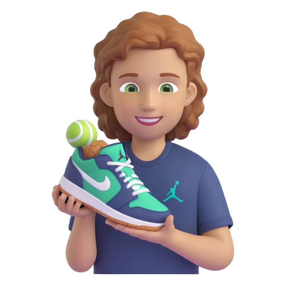 a boy with wavy light brown ginger hair, short sides and longer on top, green grey eyes, wearing a dark blue shirt, smiling, holding a Jordan sneaker in his hand sticker