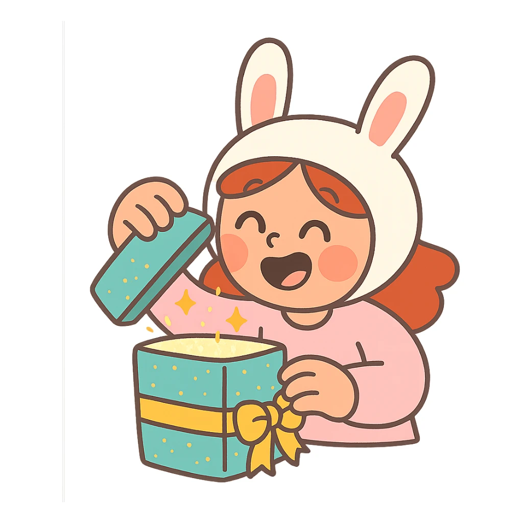 happy cutie girl in bunny hat opening a glittery gift box sticker