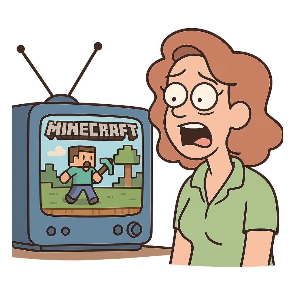 blue TV set with a pixelated Minecraft game on the screen, cartoon style sticker