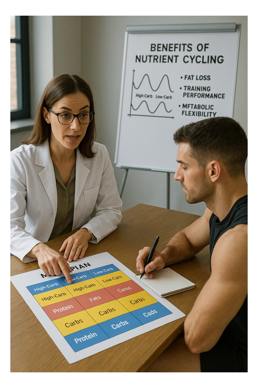 a nutritionist explains to an athlete how to cycle macronutrients for fat loss and training. On the desk, a weekly meal planner shows alternating high-carb and low-carb days, with color-coded sections for proteine, grassi, and carbo. The athlete takes notes, and a chart in the background illustrates the benefits of nutrient cycling. The mood is professional and educational. scritto in italiano sticker