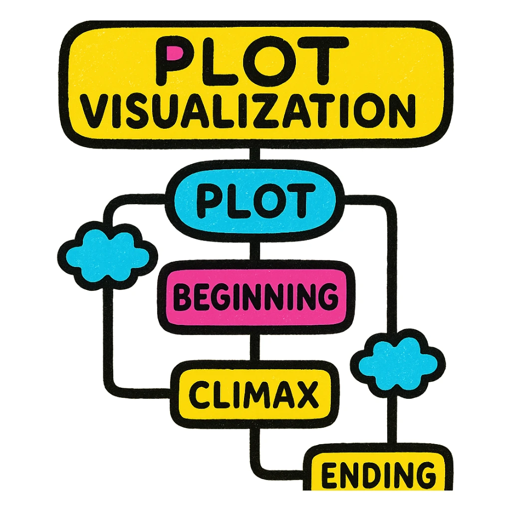 icon for infographic card: Plot Visualization, a mind map with various plot points connected sticker