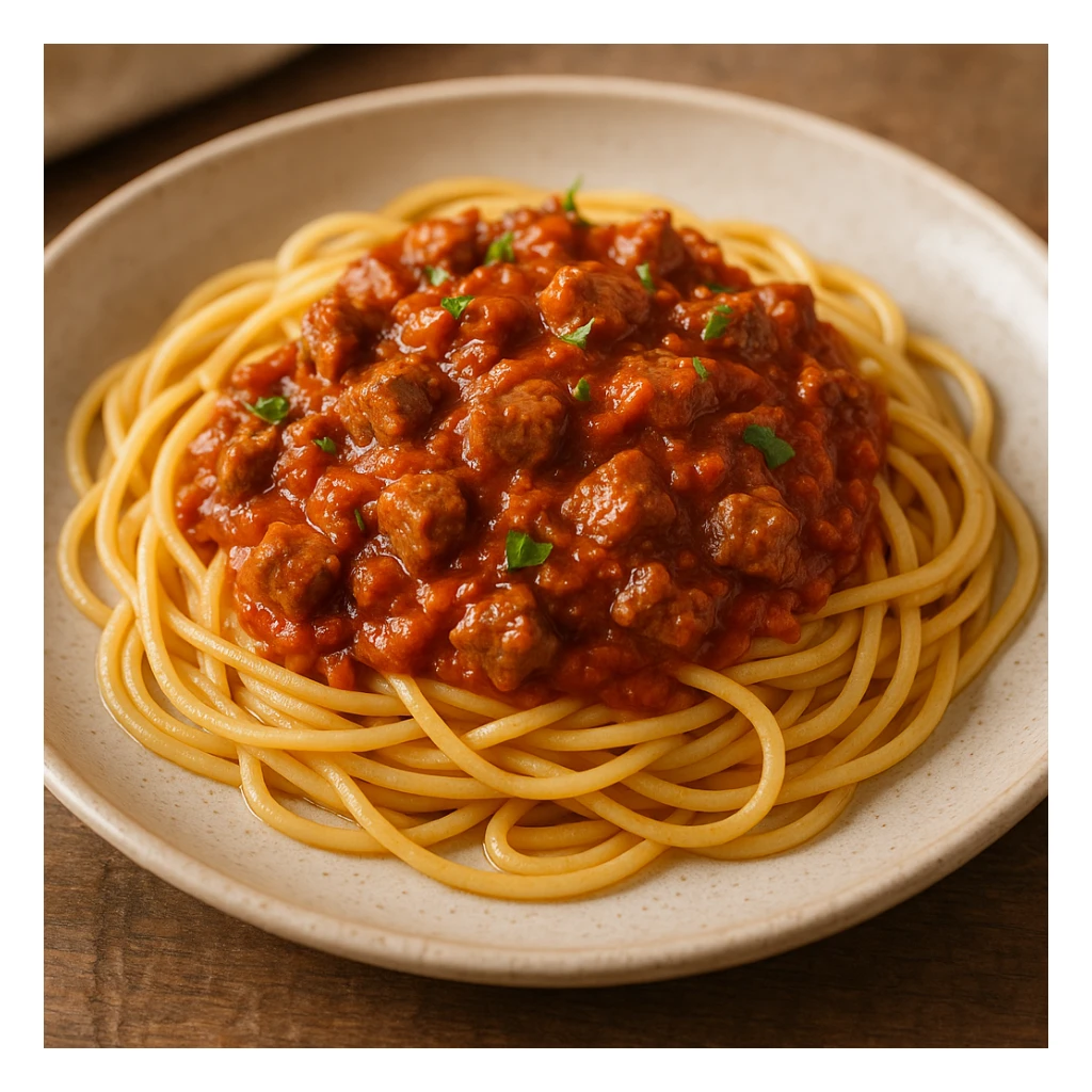 spaghetti with bolognese sauce, diced meat pieces, garnished with herbs, no text sticker