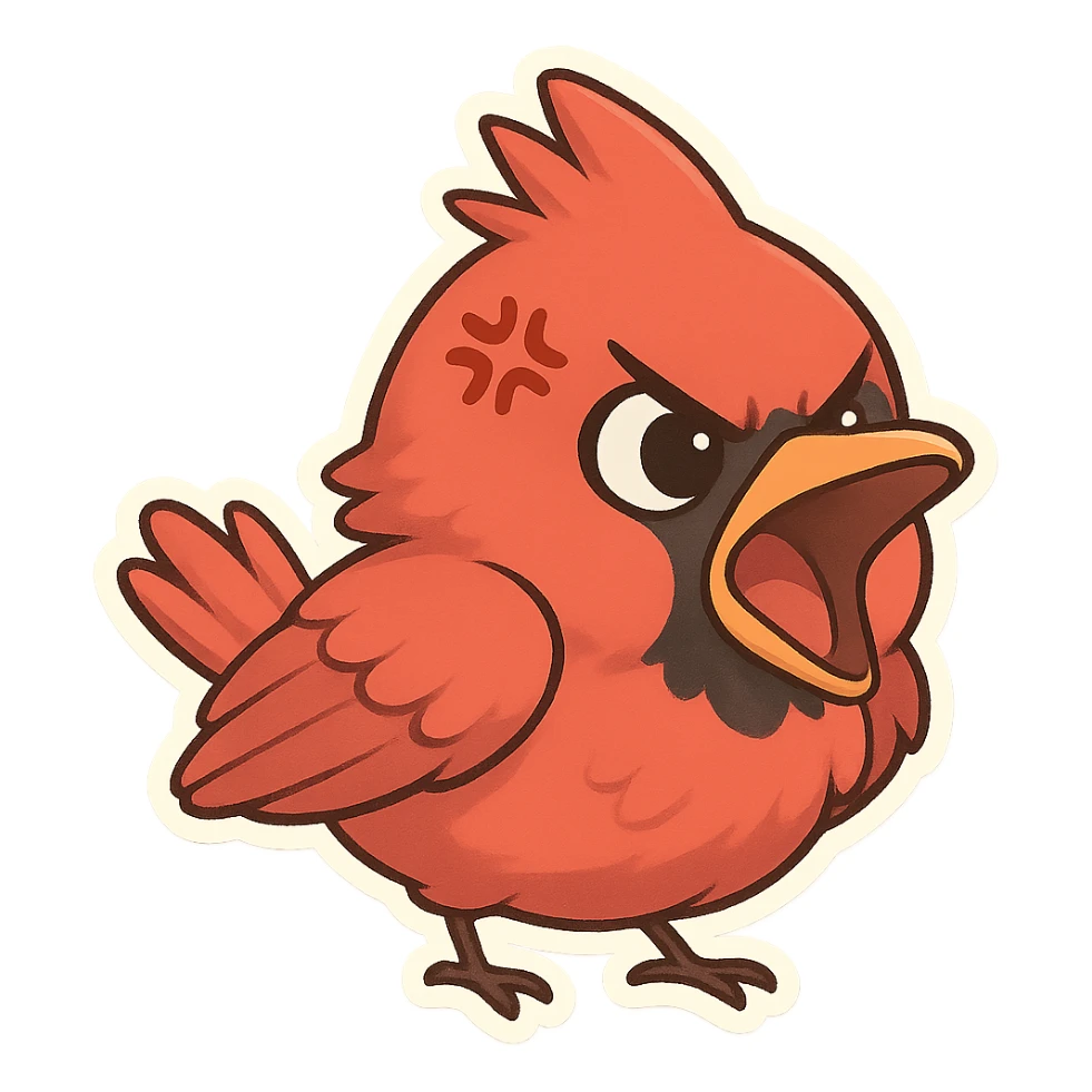 Chibi-style male cardinal yelling with open beak, feathers fluffed, exaggerated anime anger mark above eye. sticker