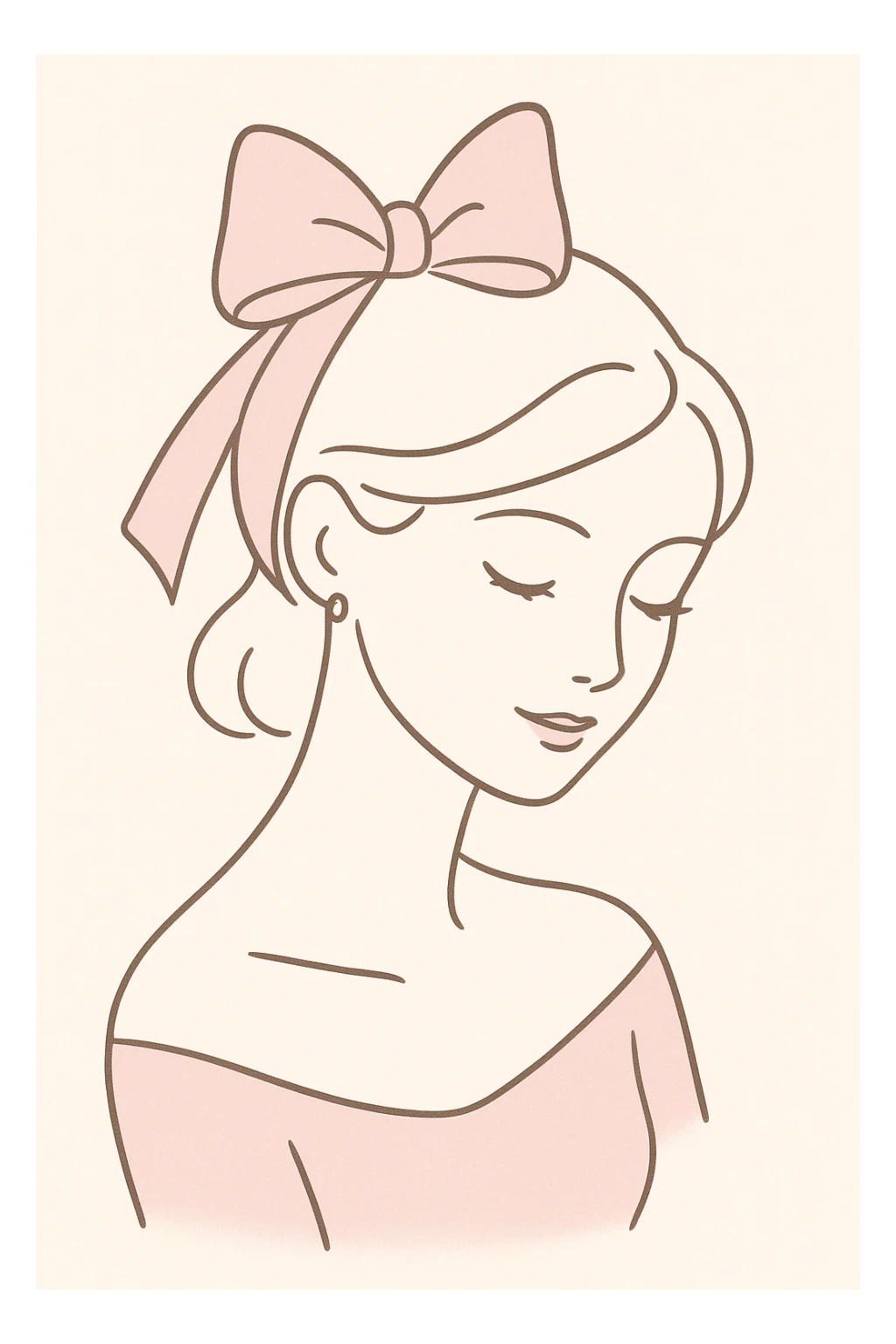 minimalist coquette woman with soft lines, pink bow, tender expression, simple and clean design sticker