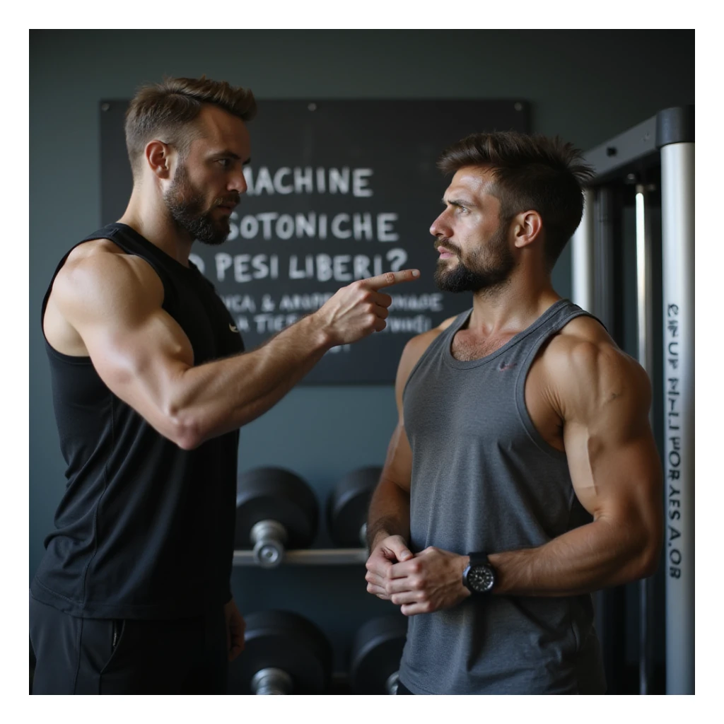 man in gym with doubtful expression, a friend next to him pointing at free weights while he looks at isotonic machine, wearing sportswear, atmosphere of choice, realistic details, blackboard with 'Macchine isotoniche o pesi liberi?' written, 4K quality sticker