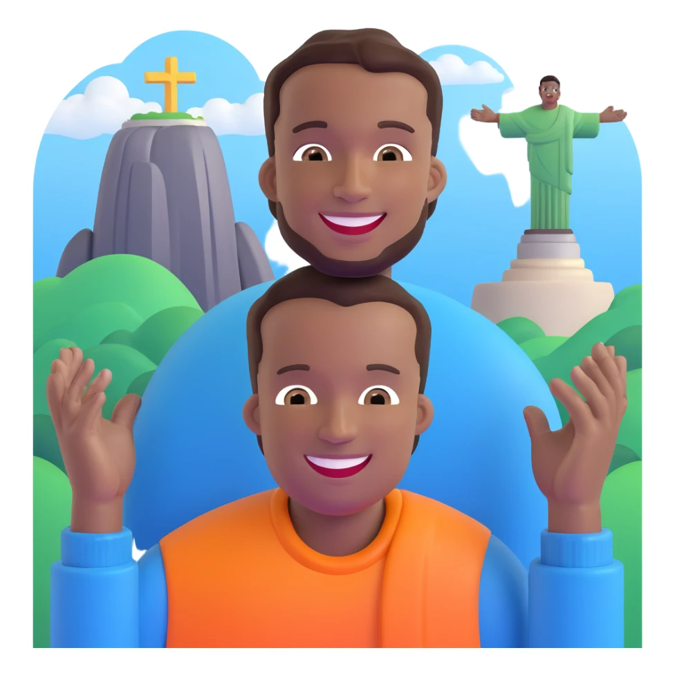 smiling black man with big teeth, standard male haircut, oval face, with Christ the Redeemer statue in the background, Rio de Janeiro, no glasses sticker