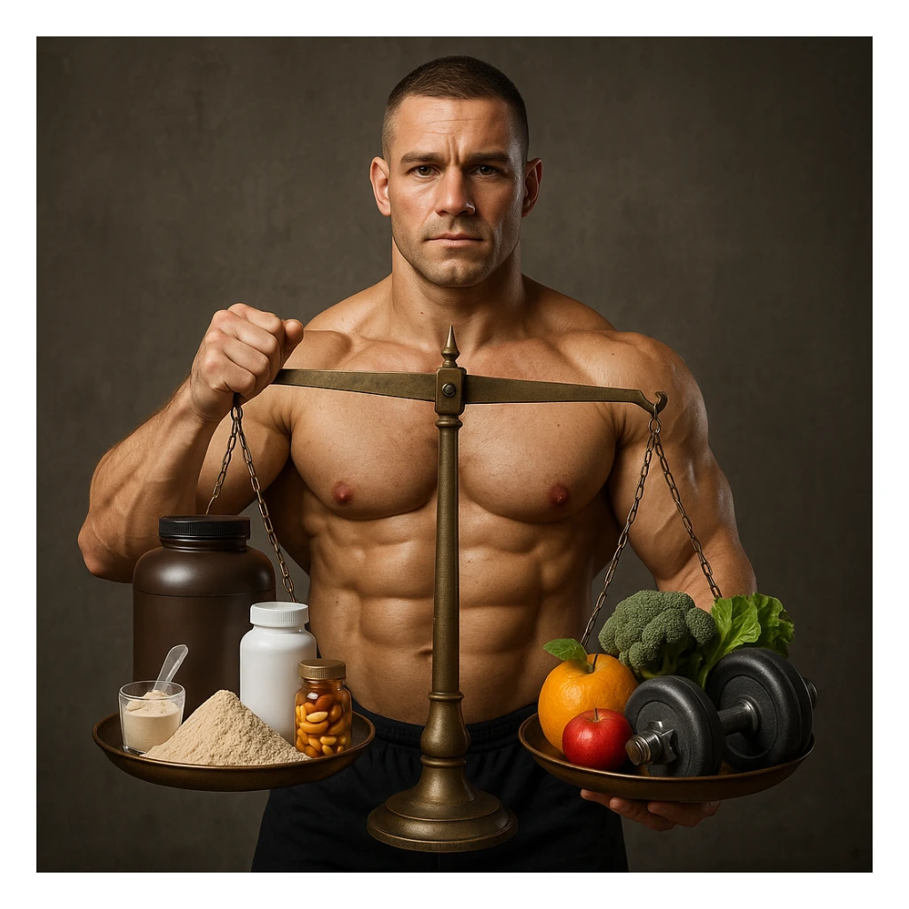 A 35-year-old bodybuilder con equilibrio su uso di sostanze e non. immagine iper realistica, fai una bilancia sticker