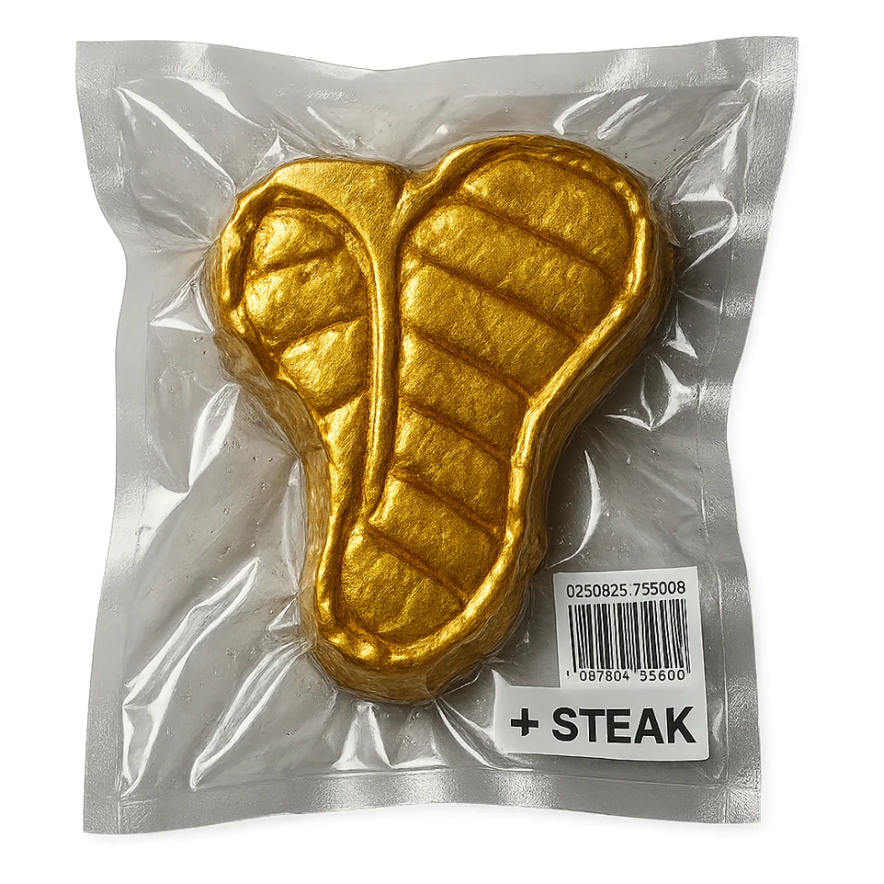 golden steak, glossy and puffy, vacuum-sealed style sticker