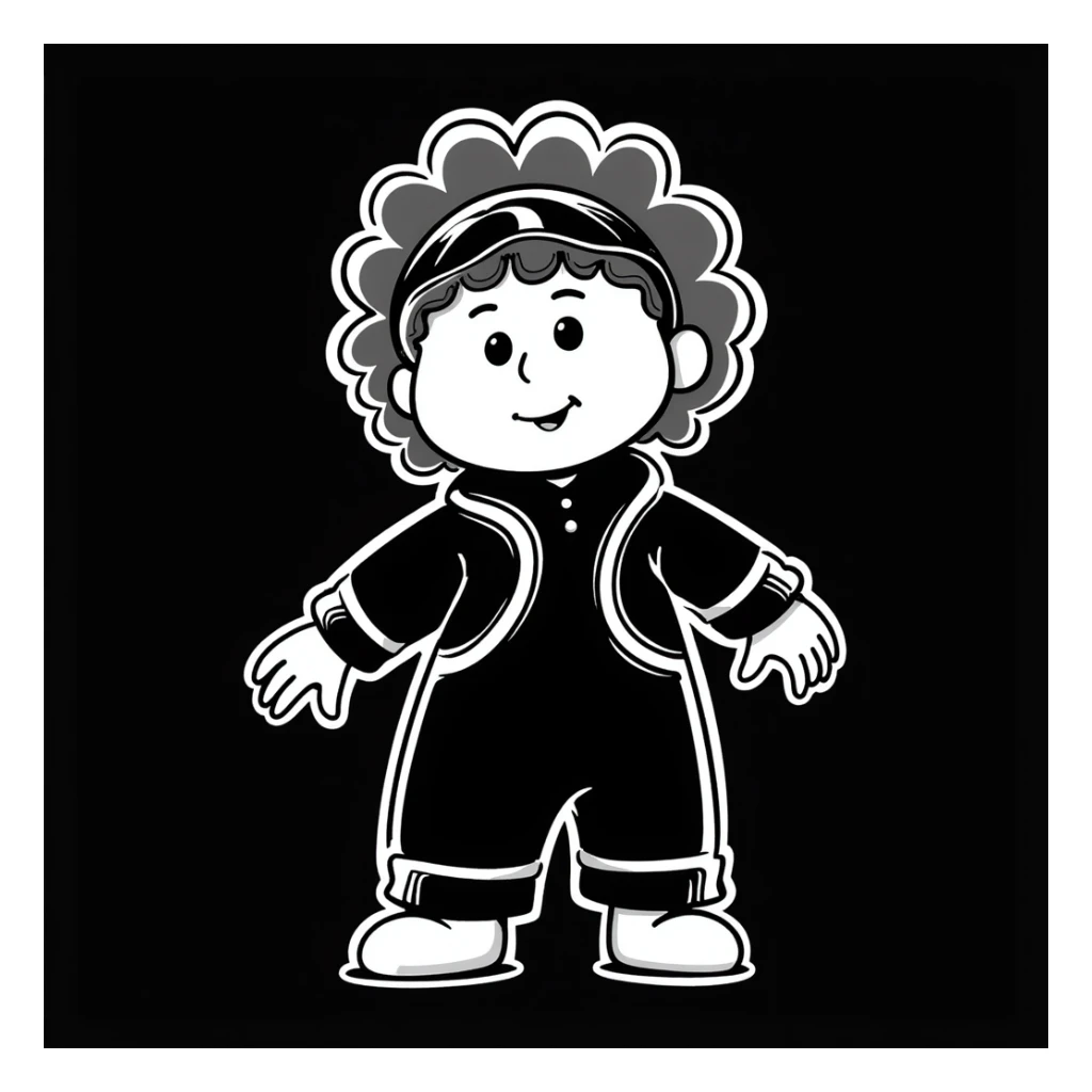 Cabbage Patch Kid in Tron suit with glowing neon visor and bracelets, 80's retro sci-fi style sticker