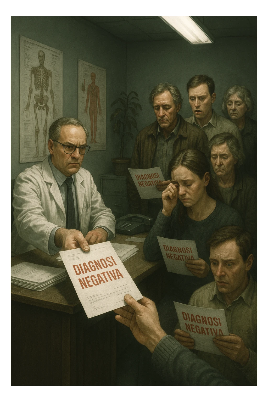A realistic, cinematic illustration set in a dull, grey-toned medical office. A middle-aged male doctor in a white coat with a stern, cold expression is seated at his desk, handing out medical reports with large red ‘Negative Diagnosis’ stamps to each patient in line. The patients, of various ages and appearances, stand in a line, each looking increasingly sad, defeated, and demoralized as they receive their papers, with slumped shoulders and empty gazes. One young woman wipes away a tear, while a man stares at the paper in shock. The background shows medical posters, a faded plant, and harsh fluorescent lighting, emphasizing the cold, mechanical environment. The mood is heavy, illustrating how negative diagnoses delivered without empatia can deeply affect the mental health and morale of patients. The style is realistic, with subtle filmic grain, emphasizing emotional impact and the weight of medical words on people’s lives. in italiano sticker