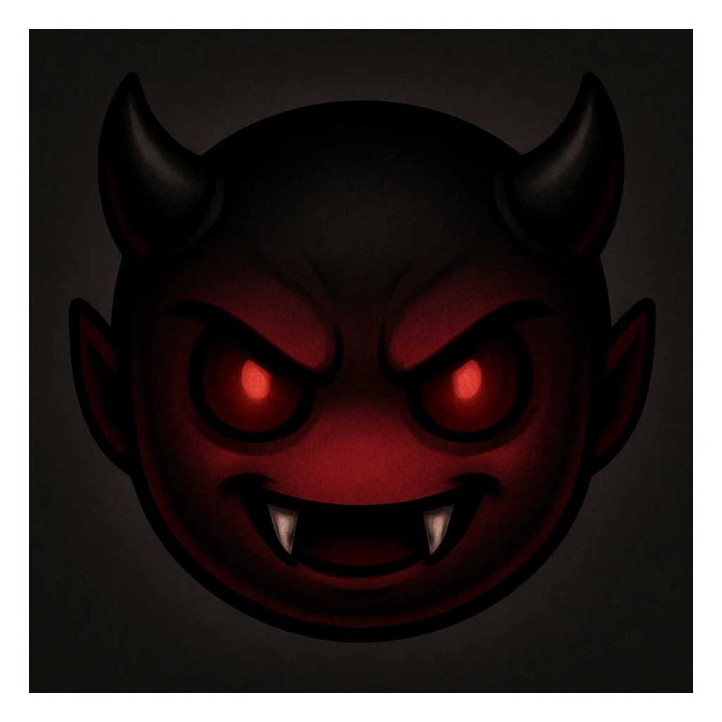 devil emoji in chibi style with gothic palette black and crimson, sharp fangs, glowing eyes, dramatic shadows sticker