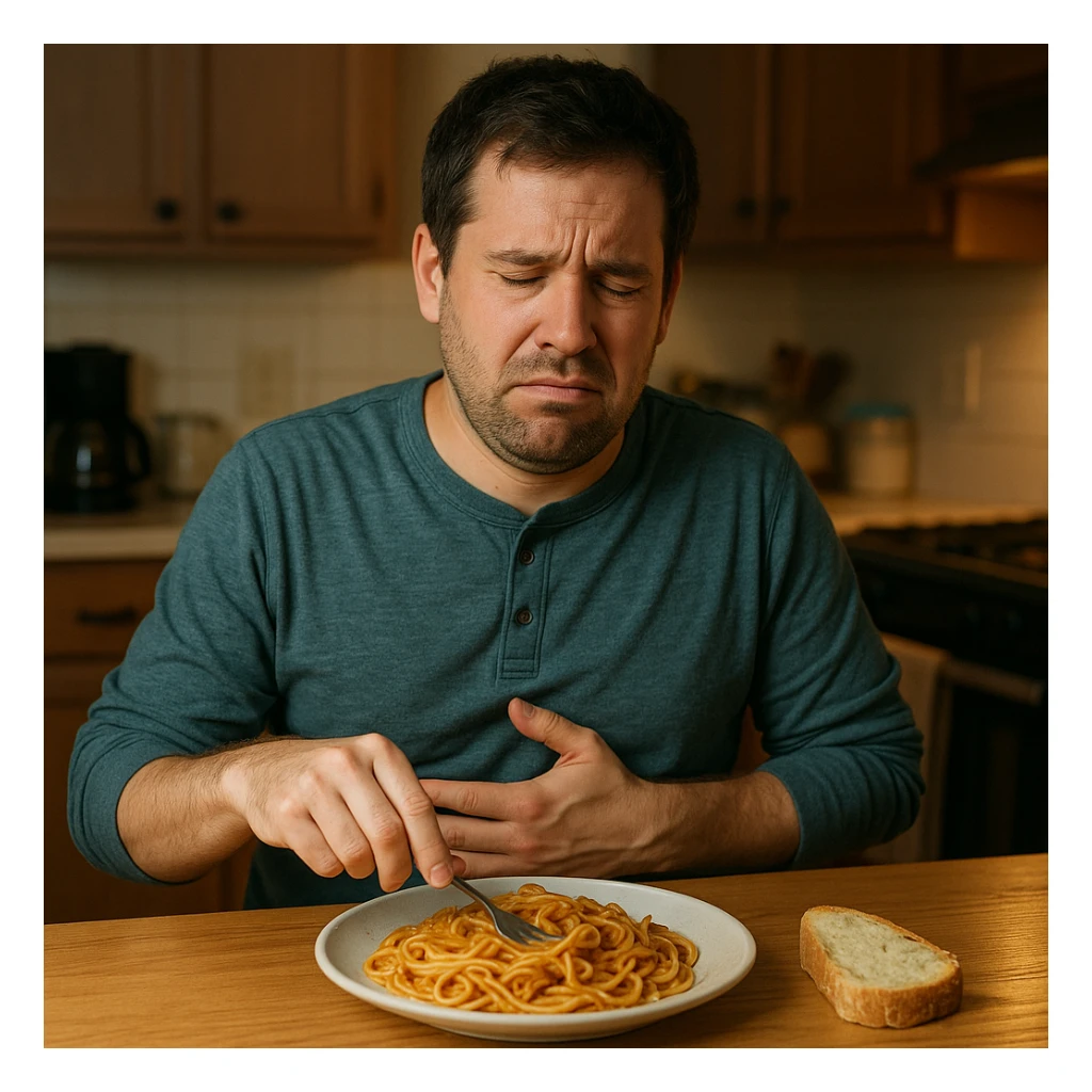 A man in his mid-30s sitting at a kitchen table with a plate of pasta and bread in front of him, looking uncomfortable and conflicted. His facial expression shows bloating, fatigue, and mild abdominal pain. One hand is on his stomach, the other hesitating to eat. sticker