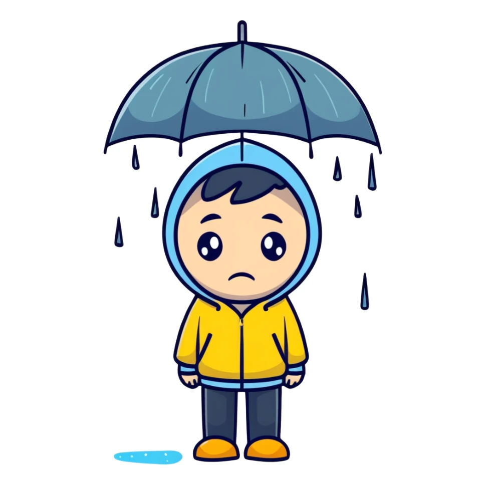 Boy standing alone in the pouring rain, looking sad sticker