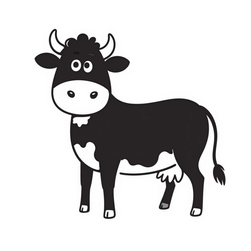Aberdeen Angus cow, outlined doodle, black and white, simple lines sticker