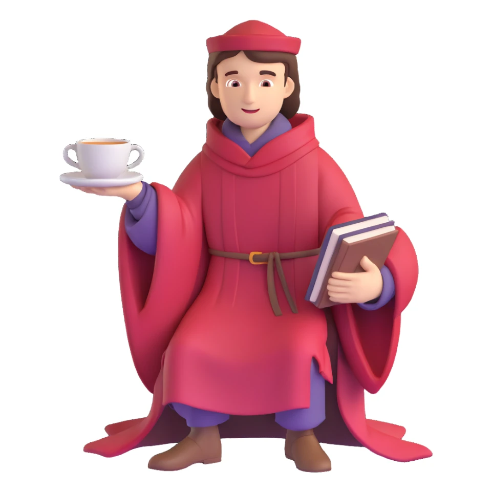 person with book and teacup, Chaucer in medieval robe behind, simple background sticker