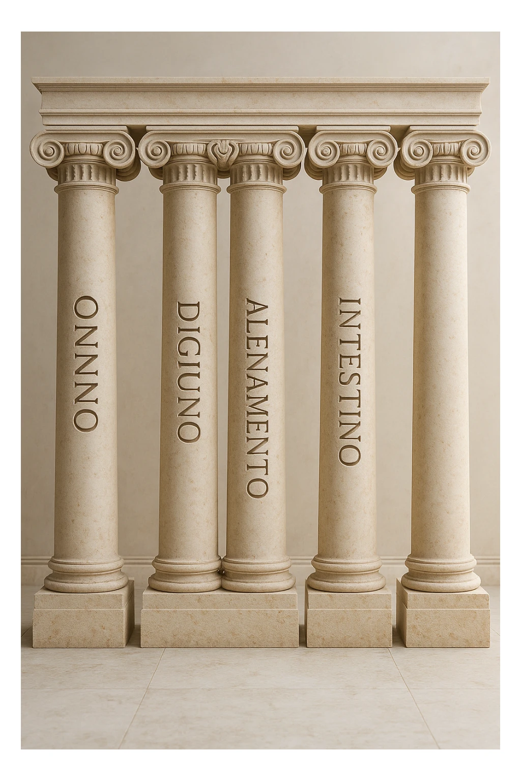 5 pilastri con le scritte "SONNO", "DIGIUNO", "ALLENAMENTO", "INTESTINO", IMMAGINE IPERREALISTICA SFONDO CHIARO IN ITALIANO sticker