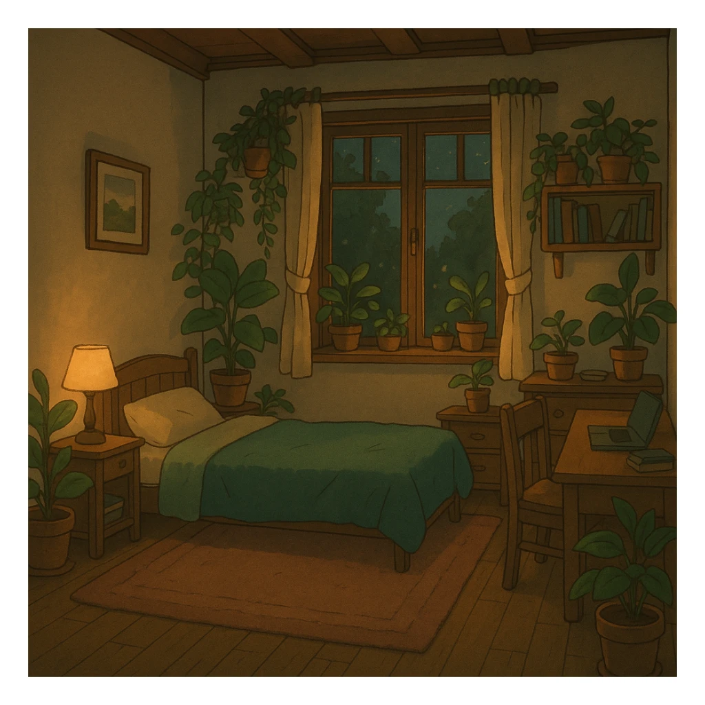 ghibli style cozy lofi room with plants and soft lighting sticker