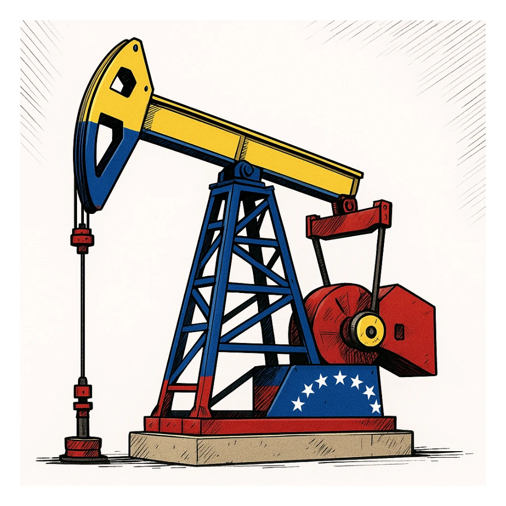 Сгенерируй мне нефтекачалку на однородном фоне, расскрашенную во флаг венесуэлы, в стиле японского комикса sticker