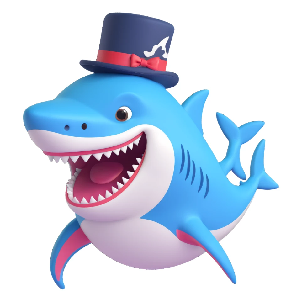 cartoon shark with a fancy top hat, smiling sticker
