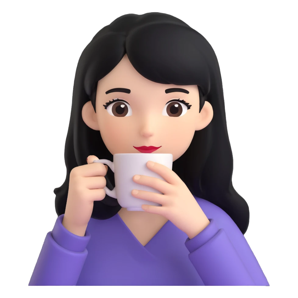 black-haired girl sipping coffee, emoji style sticker