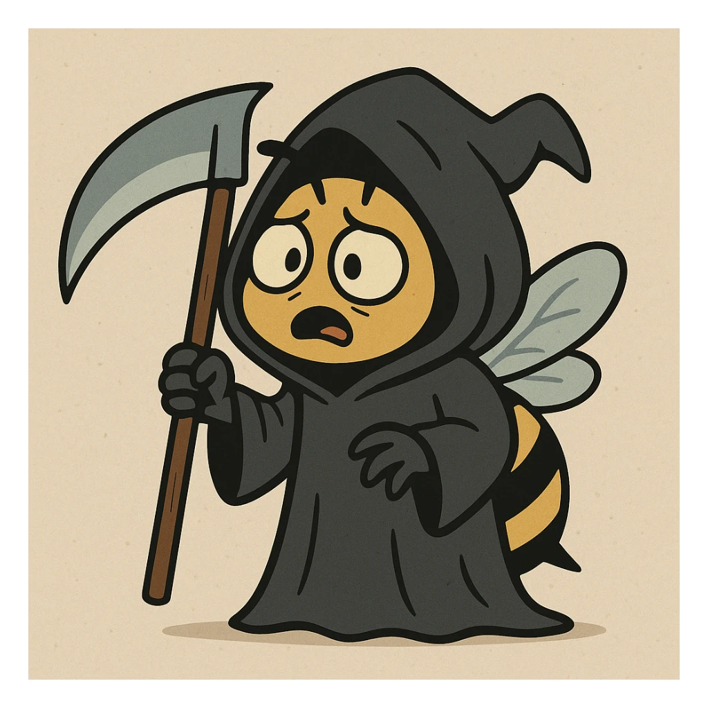 cartoon bee as a spooky grim reaper, with a black hood and tiny wings sticker