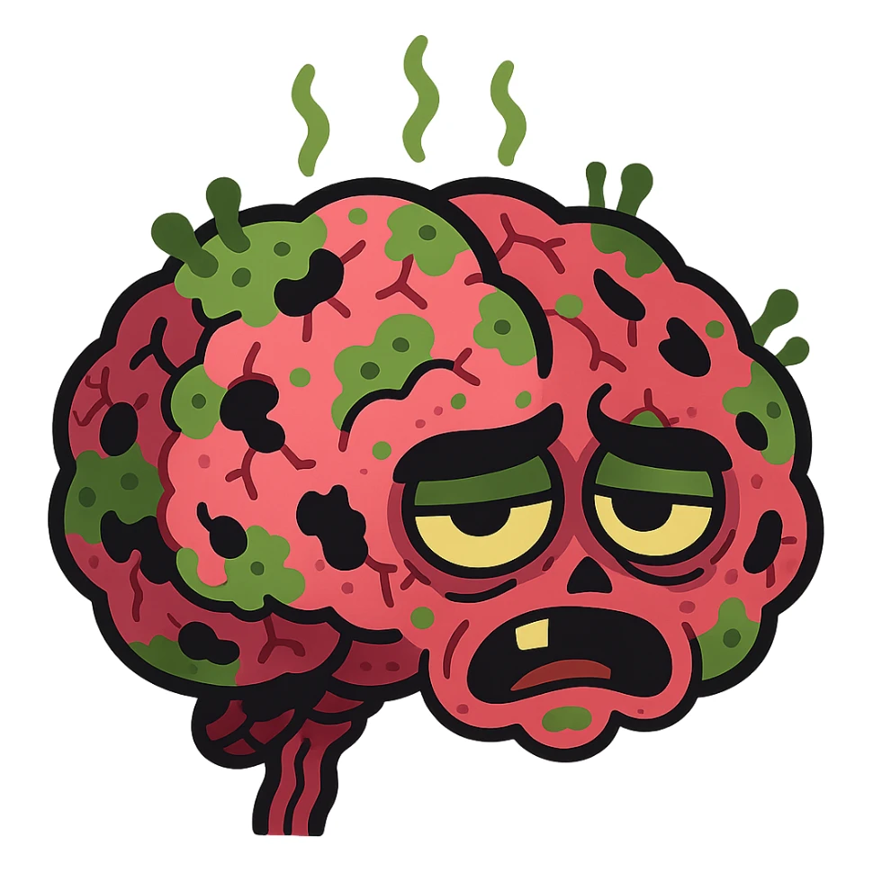 cartoon brain that is visibly rotten, with mold, decay, and holes, expressive and surreal sticker