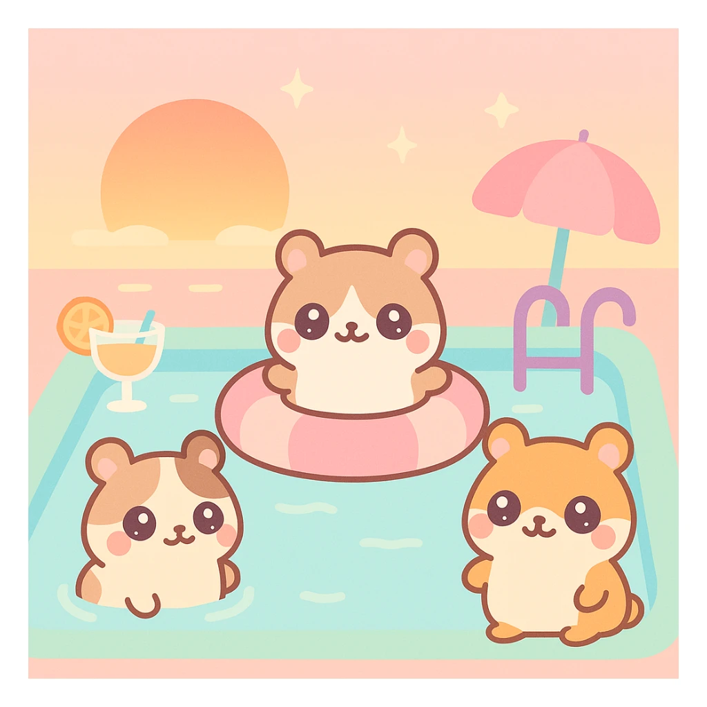 square colorful pool party scene at sunset with up to 3 kawaii hamsters, weed leaves, cheese, and THC theme, extra vibrant, nostalgic, fun, inviting, summer party vibe, clear composition, no disco ball sticker