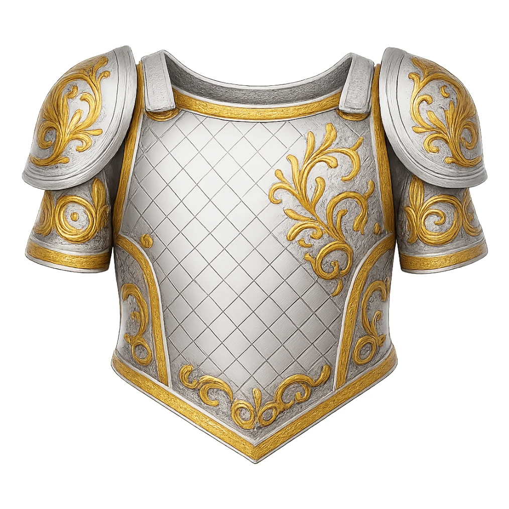 Recolor this armor to a very light metallic silver color with ornate gold engravings. Emphasize a bright, reflective silver finish and detailed gold engravings. Transparent background. sticker